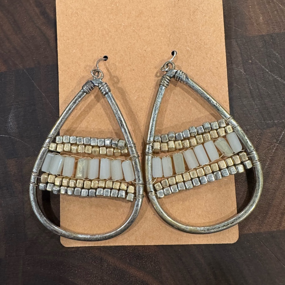 Stylish Silver Teardrop Earrings with Gold & Pearl Beads